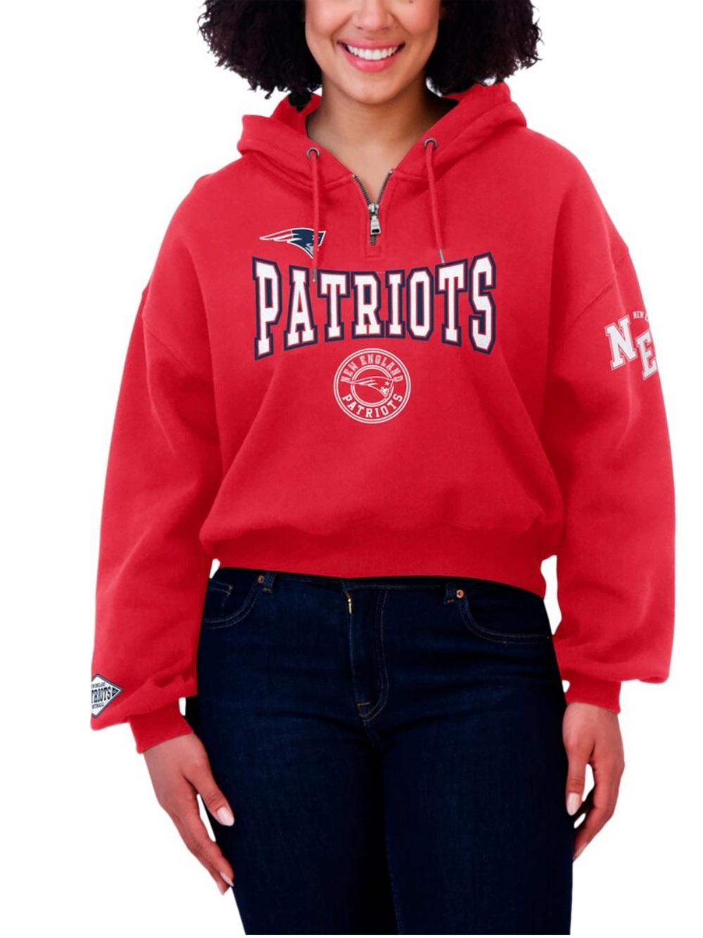 New England Patriots Red Cropped Half-Zip Hoodie Large